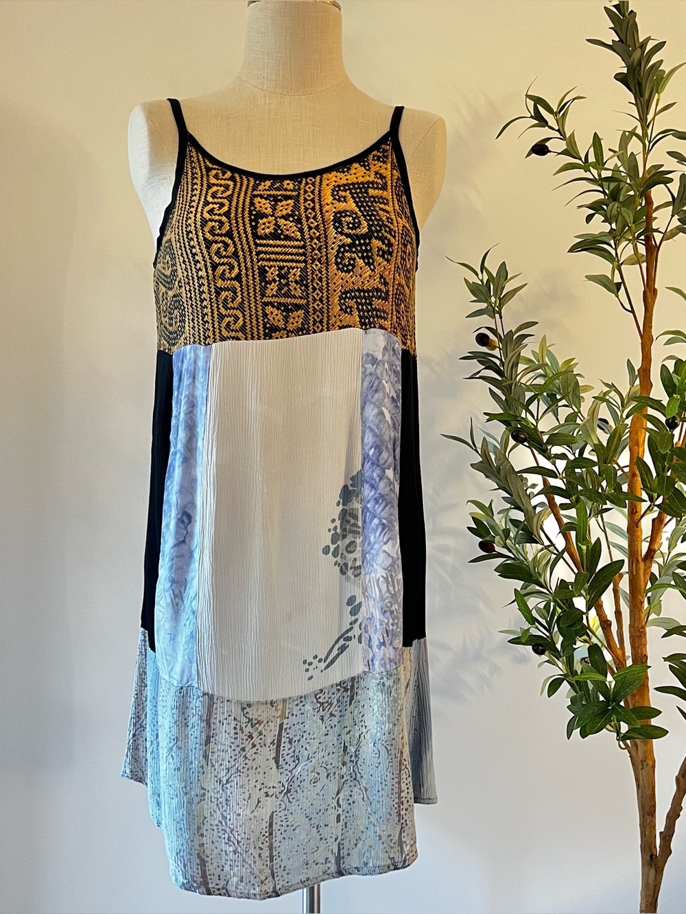 Vintage Patchwork multi print spaghetti strap mini Dress